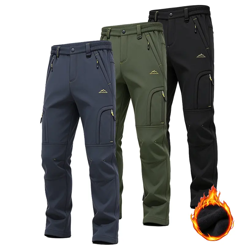 Men’s Thick Softshell Cargo Pants for Autumn/Winter, Fleece-Lined Interior, Windproof, Multiple Zippered Pockets, Outdoor Hiking Tactical Long Pants