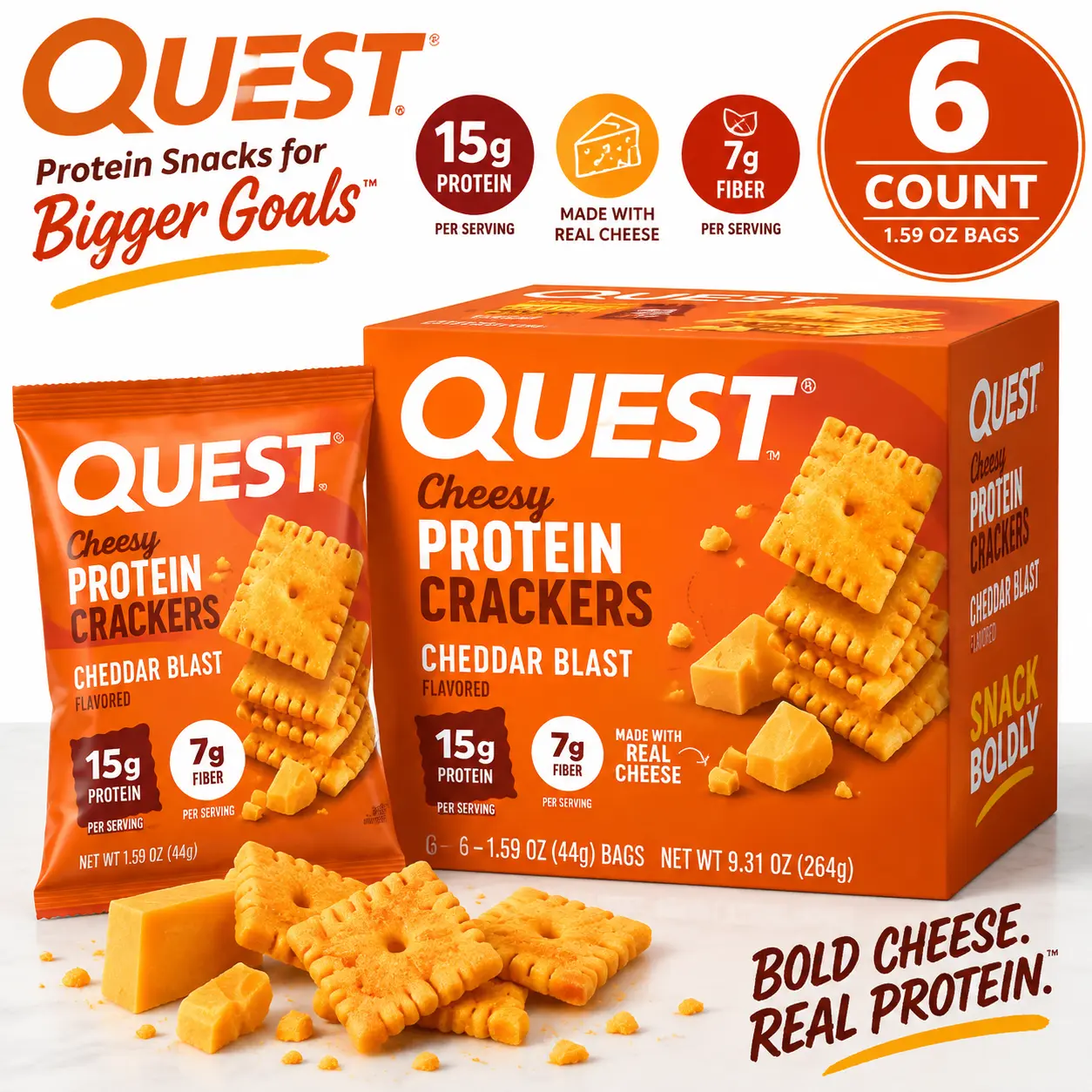 Quest Protein Cheesy Crackers Cheddar Blast 1.59 oz 6 Count High Protein Cheese Snack Crackers