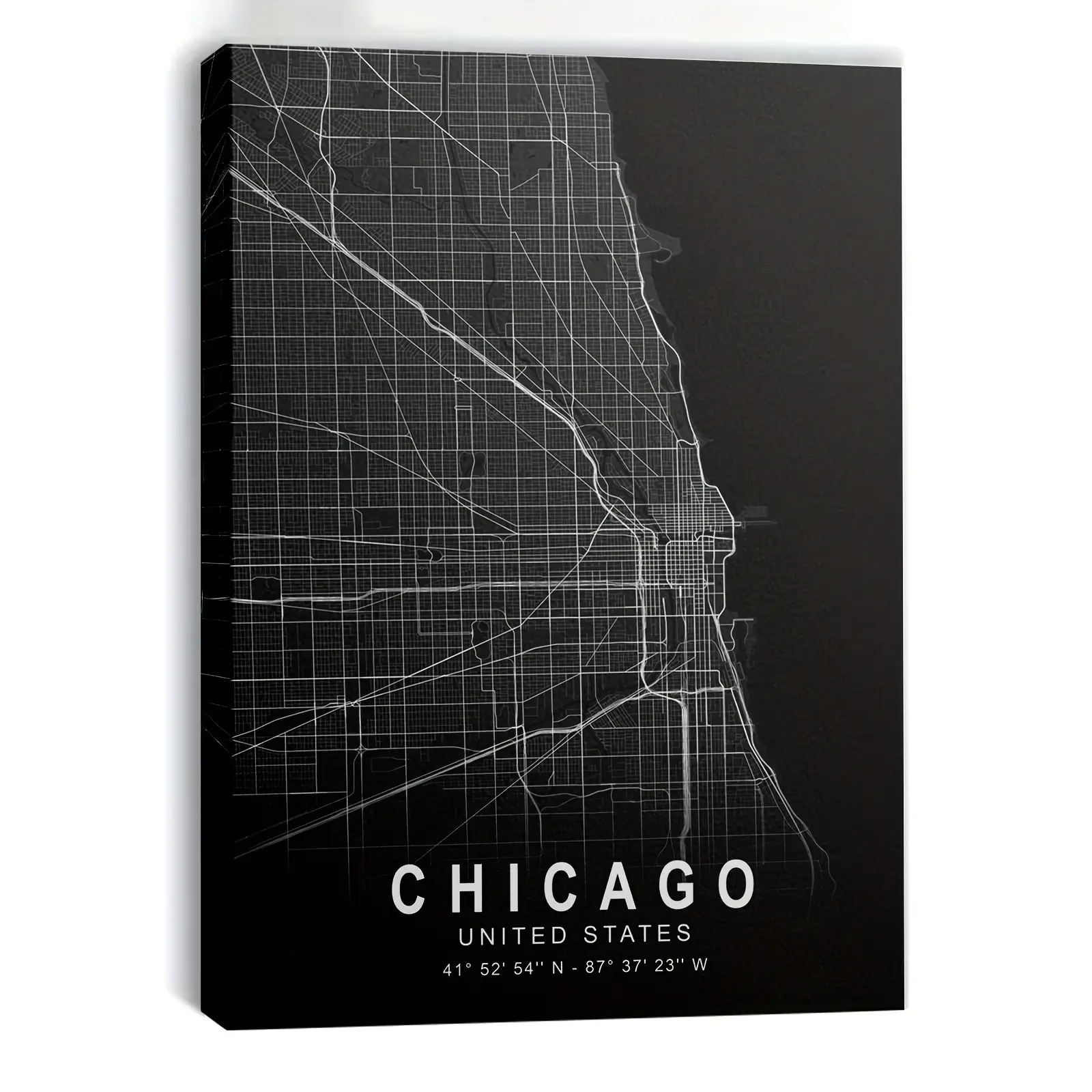 Chicago City Street Map Coordinates Canvas Wall Art, Minimalist Black White Urban Grid Print, Modern Office Bedroom Decor Unframed Canvas Poster or Framed Canvas Wrap
