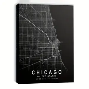 1pc  Chicago City Map Canvas Wall Art - Black and White Poster Theme, Ideal for Home Office, Living Room, Bedroom, Dorm Decor, Wall Decor
