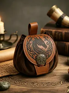 Medieval Dragon PU Leather Pouch, Norse Vegvisir Embossed Drawstring Waist Bag, Viking Larp, Cosplay, Renaissance Faire, Halloween Props, Waist Belt Bag