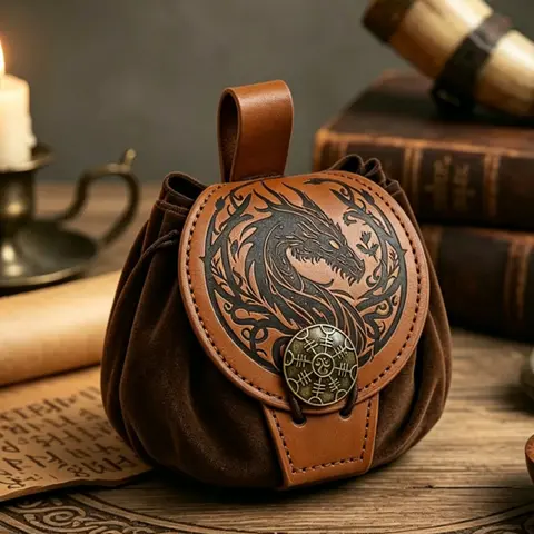 Medieval Dragon PU Leather Pouch, Norse Vegvisir Embossed Drawstring Waist Bag, Viking Larp, Cosplay, Renaissance Faire, Halloween Props, Waist Belt Bag