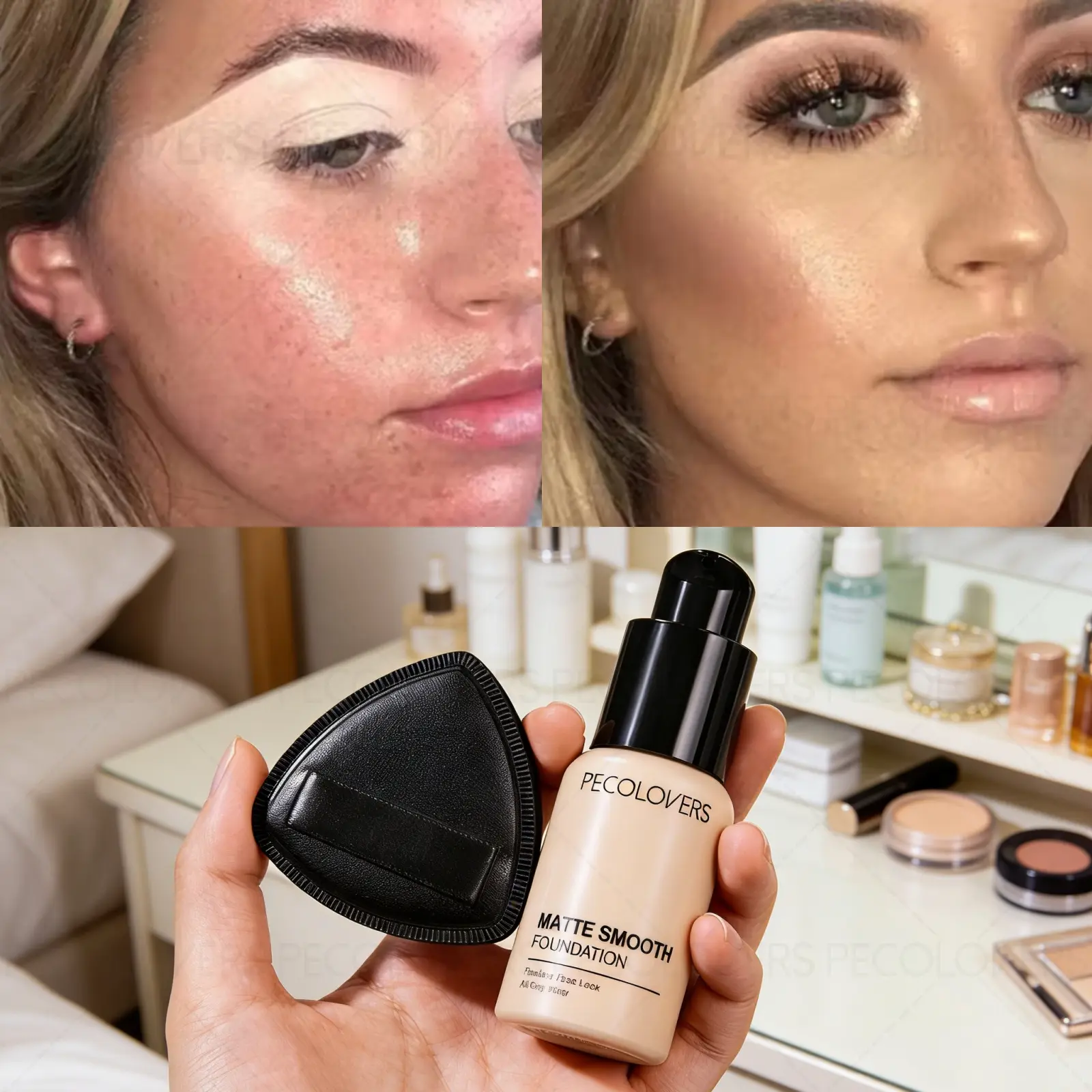 2PCS/Set Flawless Liquid Foundation with Puff - Full Coverage, Long-lasting Coverage of Dark Circles, Acne, Blemishes, Creamy Texture, Moisturizing, Beauty Must-have, New Year's Gift and Valentine's Day Gift