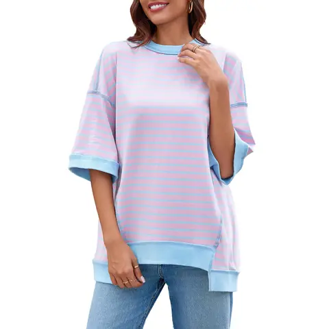 Imily Bela Womens Fashion Oversized Half Sleeve T-Shirts Casual Striped Color Block Cotton Tee Tops Loose Cozy Sweatshirts
