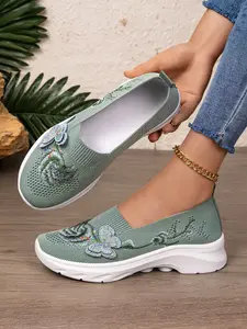 Women's Knit Slip-On Casual Sneakers, Lightweight Footwear with Floral Embroidery for Everyday Wear