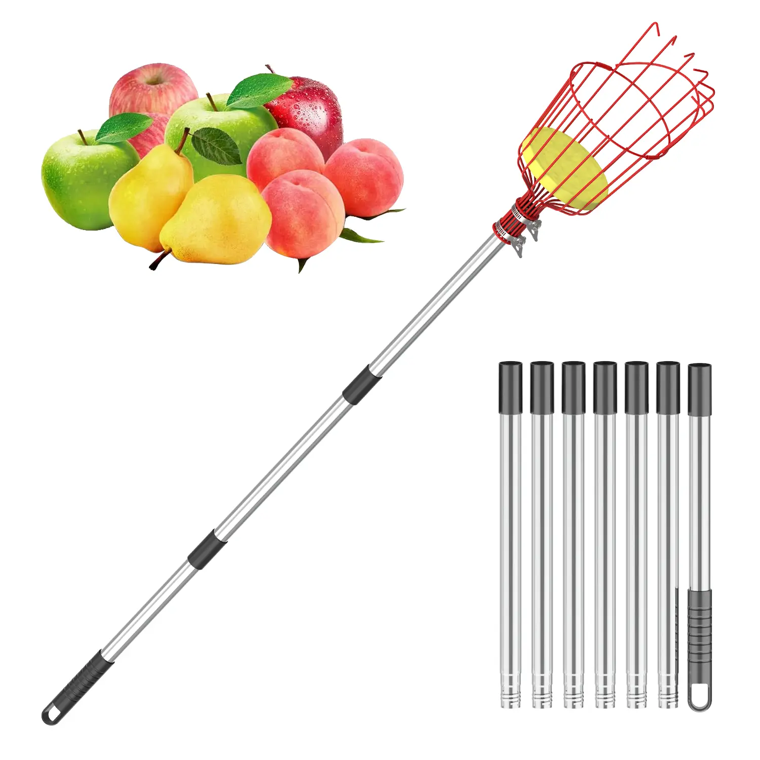 adjustable Stainless steel Heavy Duty picker pole tool with Extension handle 37-98 inch metal basket for fruit picker collection ideal for oranges avocados lemons and more durable Gardening Tool garden tool Garden Supplies