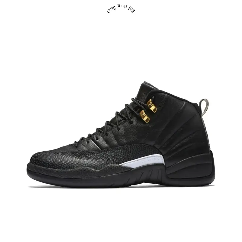 High Top Cushioned Basketball Sneakers, Black Grain Leather Upper, Golden Lace Hardware, White Side Accent, Shock Absorbing Midsole, Non Slip Rubber Outsole, Basketball Match, Daily Street Outfit