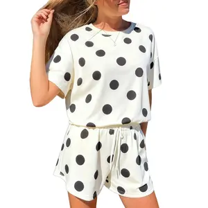 Women's 2-Piece Casual Cute Soft Shortsleeve Black Polka Dot Loose Tee & Drawstring Elastic Waist Shorts Matching Set, Women's Clothes for Summer Daily Wear