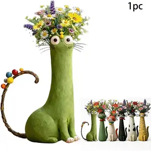 Handmade vintage Bohemian cat vase, Decorative vase, suitable for Bohemian home decoration, cat shaped flower pot, resin flower pot for desk shelf decoration, unique gift for cat lovers