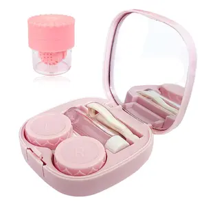 Contact Lens Case Kit with Cleaner Washer, Contact Lenses Applicator Removal Tool Kit with Mirror Solution Bottle for Daily and Outdoor Use(Pink)