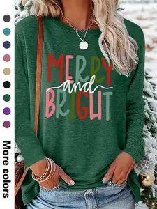 Women's Christmas Casual Letter Print Round Neck Long Sleeve T-Shirt, Comfortable Fabric, Available in 9 Colors, All Seasons Wear