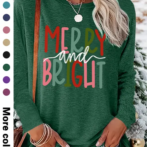 Women's Christmas Casual Letter Print Round Neck Long Sleeve T-Shirt, Comfortable Fabric, Available in 9 Colors, All Seasons Wear