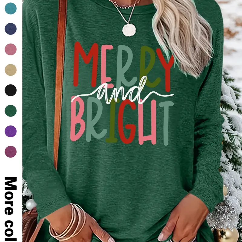 Women's Christmas Casual Letter Print Round Neck Long Sleeve T-Shirt, Comfortable Fabric, Available in 9 Colors, All Seasons Wear