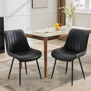 Black Upholstered Dining Chairs Set of 2, Modern Faux Leather Dining Room Kitchen Side Chair with Padded Seat and Metal Legs for Restaurant/Cafe