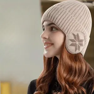 Unisex Winter Knit Hat with Detachable Ear Flaps – Windproof Thermal Beanie with Snowflake Pattern, Soft Textile Material for Outdoor Sports and Cold Weather