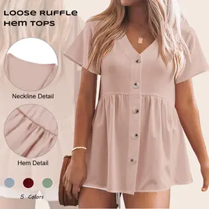 Imily Bela Womens Short Sleeve V Neck Blouse Button Down Shirt Loose Casual Ruffle Hem Babydoll Peplum Tops