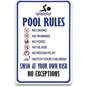 Metal Pool Rules Signs Outdoor - Swim at Your Own Risk Sign, Swimming Pool Sign for Outside, Backyard, Pool Room Wall Decor Accessories, Pool Safety Signs, 8 x 12 inch
