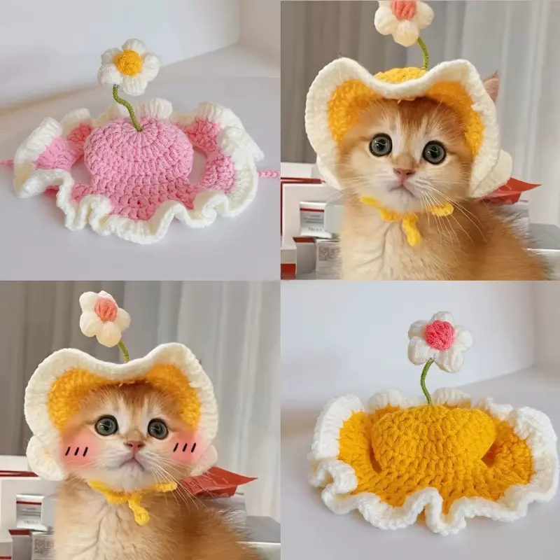 Easter flower seedling pet hat, Clothing, elastic design, cute and delicate, suitable for puppies and kittens, knitted, suitable as a prop decoration for party photography, cat accessory with warmth and cold protection functions, Kitty