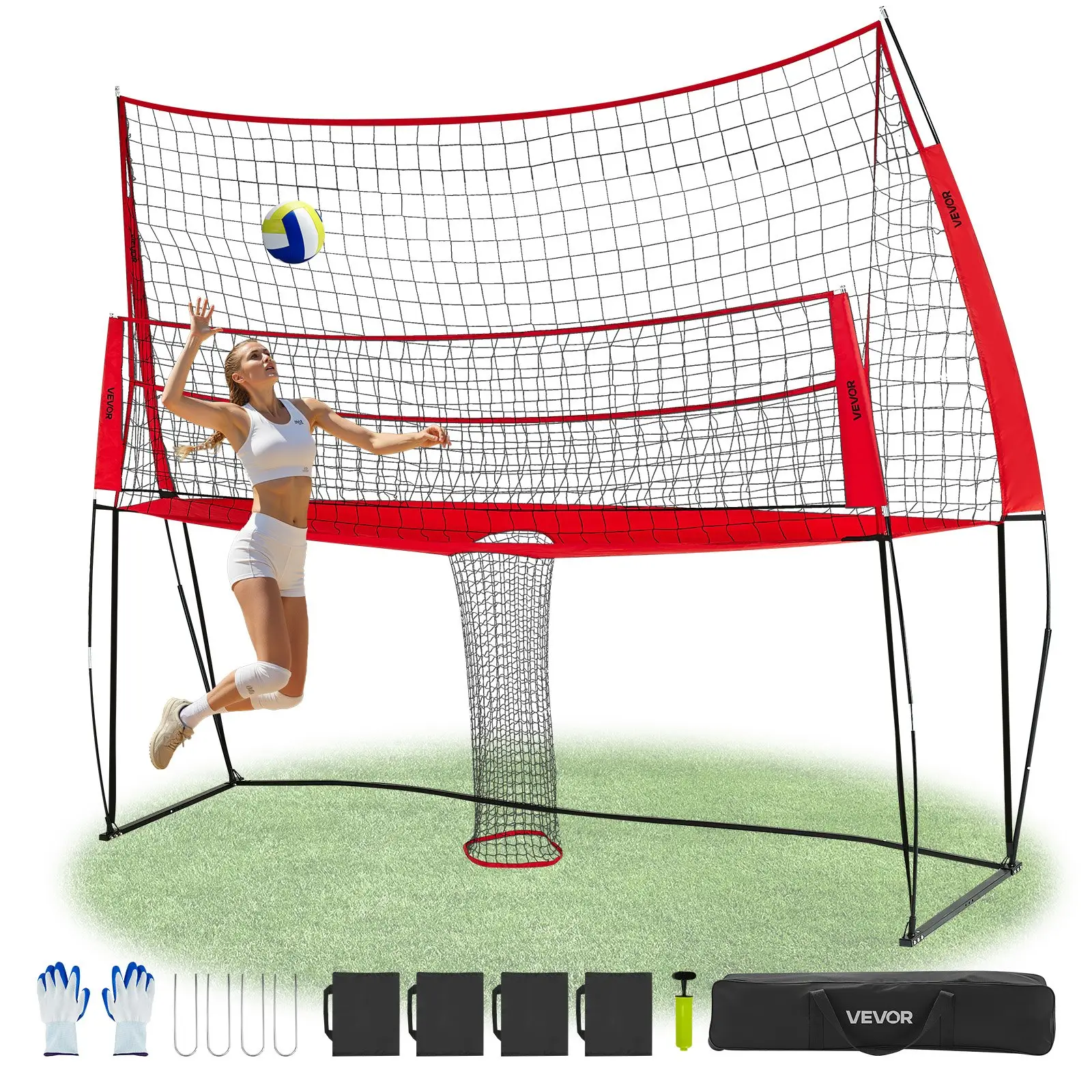 VEVOR 2-in-1 Volleyball Training Net System, Height-Adjustable Practice Equipment with Ball Return, Portable Net Station, Easy Setup for Backyard Indoor Use, Improve Accuracy
