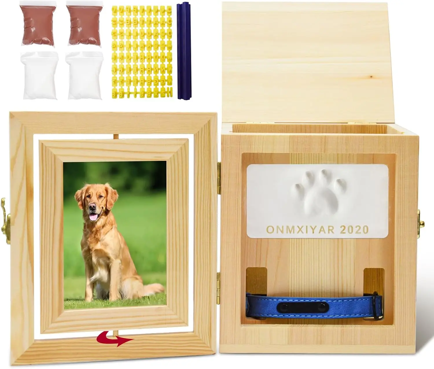 8.9"H New Pet Urns for Dogs or Cat Ashes Keepsake Xlarge Wooden Pet Memory Box with Pet Paw Print Kit, Collar Display and Rotating Photo Frame Holds 4 X 6 Inch Picture - Loss Pet Memorial Gift