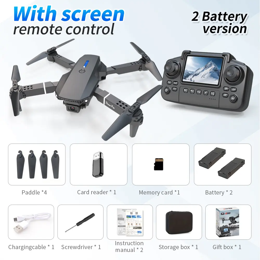 E88 Pro Foldable RC Drone with Screen Controller, Portable Quadcopter for Beginners and Adults, Rechargeable Battery, Compact Outdoor Design Fpv Camera