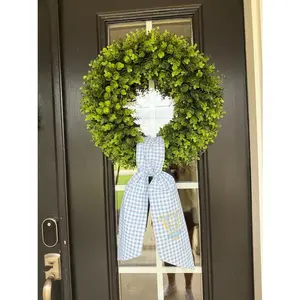 Blue gingham Wreath Scarf – Personalized Monogrammed Fabric Sash for Wreath & Door Decor