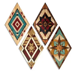 Boho Diamond Wood Panel Wall Decoration, 4 Counts/set Wall Decor, Wall Art for Home Living Room Bedroom Office School, Poster