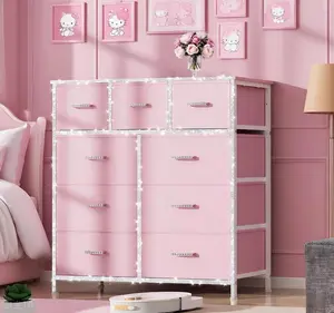 【Sweet】9 Drawer Dresser for Bedroom, Storage Organizer with 9 Drawers, Chest of Drawers with Fabric Bins, Sturdy Metal Frame, Wood Tabletop for Guest Room, Closet, Entryway, Nursery