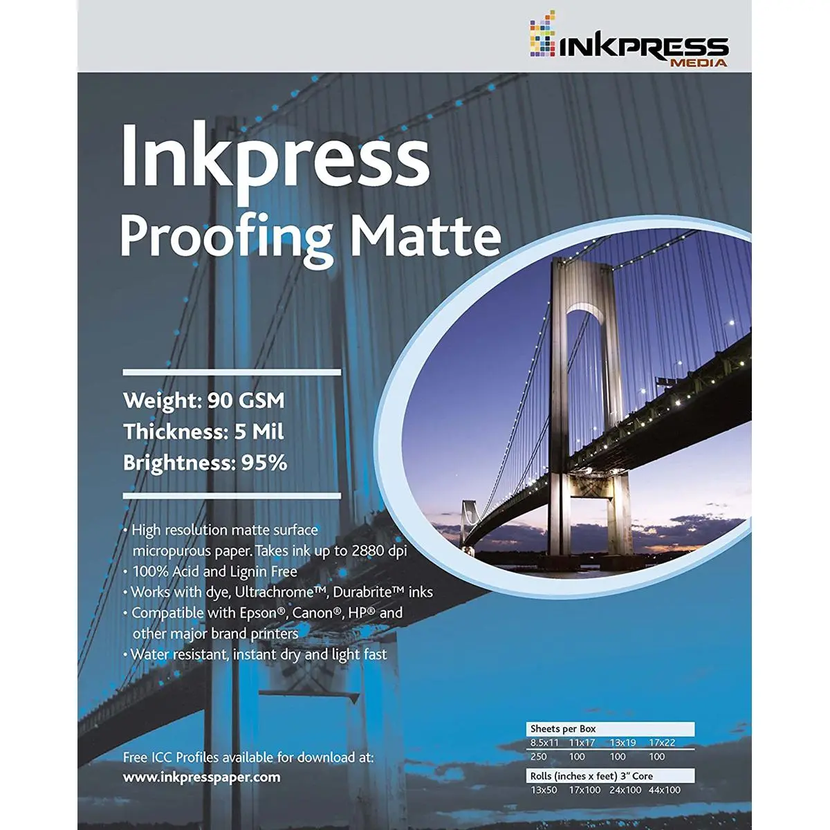 Inkpress High Res Matte Single-Sided Bright Alpha Cellulose Photograde Inkjet Paper, 5mil, 90gsm, 8.5x11in, 250 Sheets
