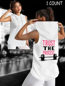 Women's Sleeveless Hooded Tank Top Yoga Sports Vest with Letter Print, Fashionable Casual Sportswear for Summer Outdoor Activities