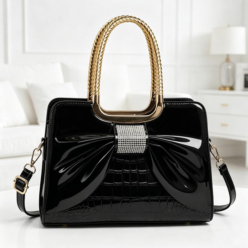 Women’s glossy leather handbag with top handle — medium-structured shoulder/handbag with adjustable strap