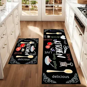2Pcs Black knife and fork Floor mat set for farmhouse Kitchen Runner Rug restaurant floor laundry room decor carpet mat Home Decor Rugs Home Decorative Rug