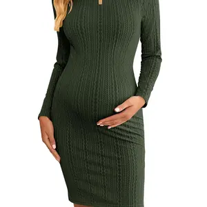 Maternity Dress Mock Turtleneck Pregnancy Dress Rib Knit Stretchy Bodycon Baby Shower Dress