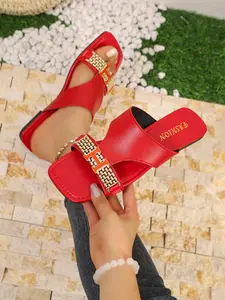 Women's Square Toe Flat Sandals, Chain Decoration, Open Toe Summer Shoes, Casual Fashion Footwear