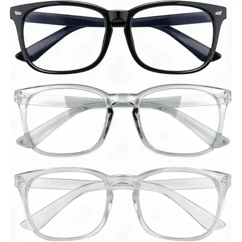Unisex Back to School Square Frame Glasses - Sturdy TR90 Plastic Minimalist Preppy Lightweight Frames, Polycarbonate Amber Filter Blue Light Blocking Fake Eyeglasses for Women, Computer Gaming/Phone Use, Replaceable Lenses, Springy Arms
