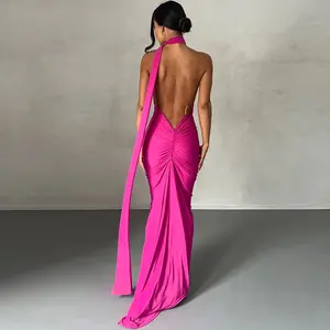Women's Backless One Shoulder Slit Thigh Dresses Halter Neck Bodycon Elegant Evening Maxi Dress for Summer Fall Vacation Party Club Clothing