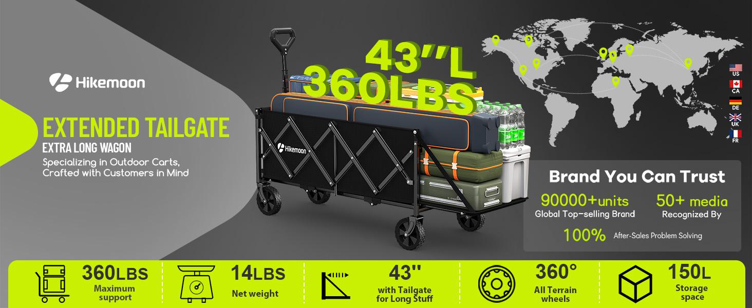 Hikemoon Collapsible Gardening Wagon Cart - 360 lbs Capacity, 43" Extra Long, 360-Degree Wheels, Extended Tailgate, 14 lbs, 12-Month Coverage, Metal Frame, 150L Folding Pack, Portable Cargo Hauler for Grocery Shopping,Camping,Black&Pink, Swivel