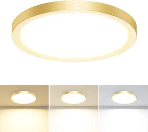 LED Flush Mount Ceiling Light Fixture, 3000K-4000K-6500K & 100W Equivalent Modern Kitchen Recessed Ceiling Lamp 15W 1500Lm 7.5 Inch Closet Round Surface for Bathroom Laundry-Gold