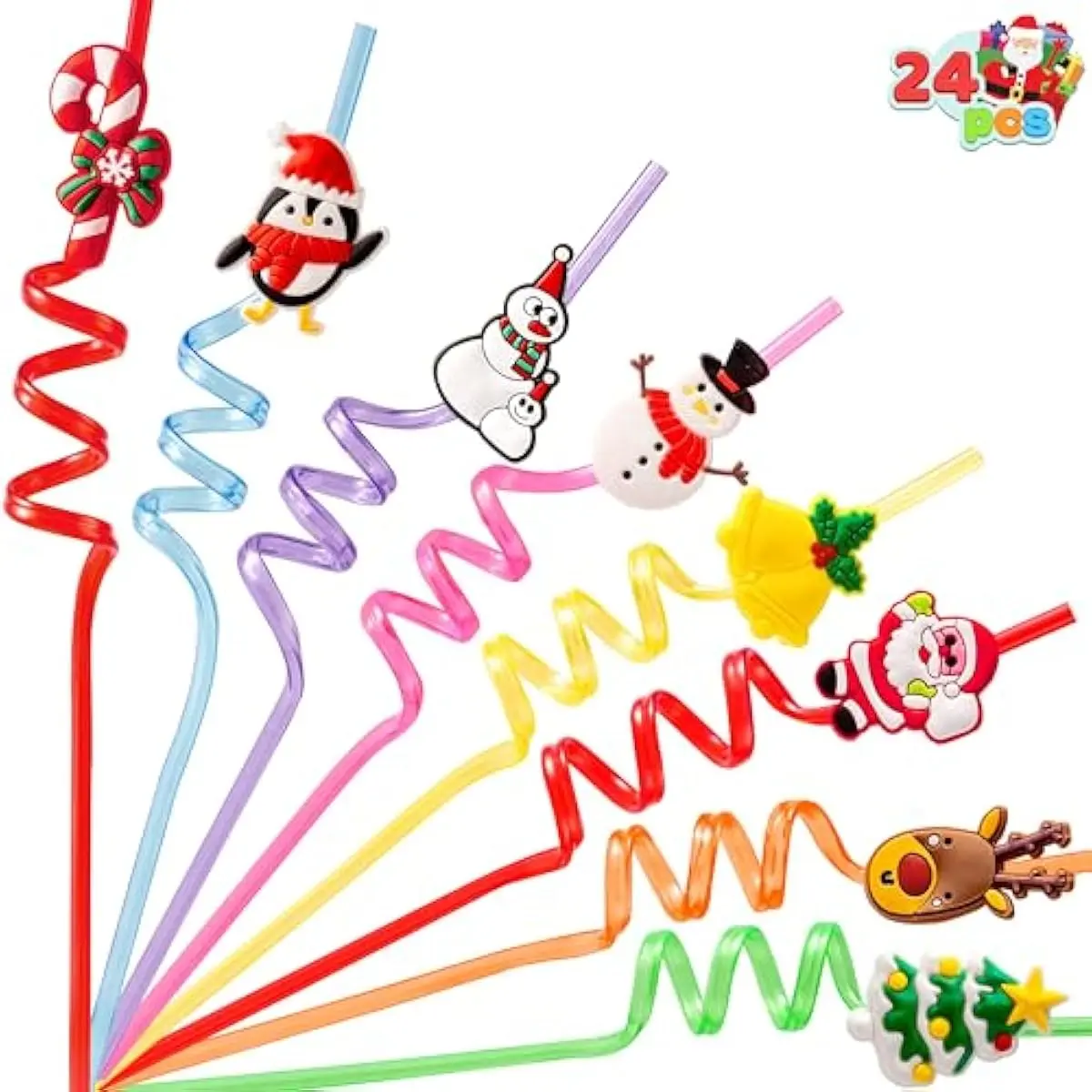 24 PCS Christmas Plastic Straws, 8 Colors Reusable Drinking Straws for Xmas Party Favors Kid-Friendly Supplies, Christmas Party Decorations, Goodie Bags Stuffers Fillers for Kids.