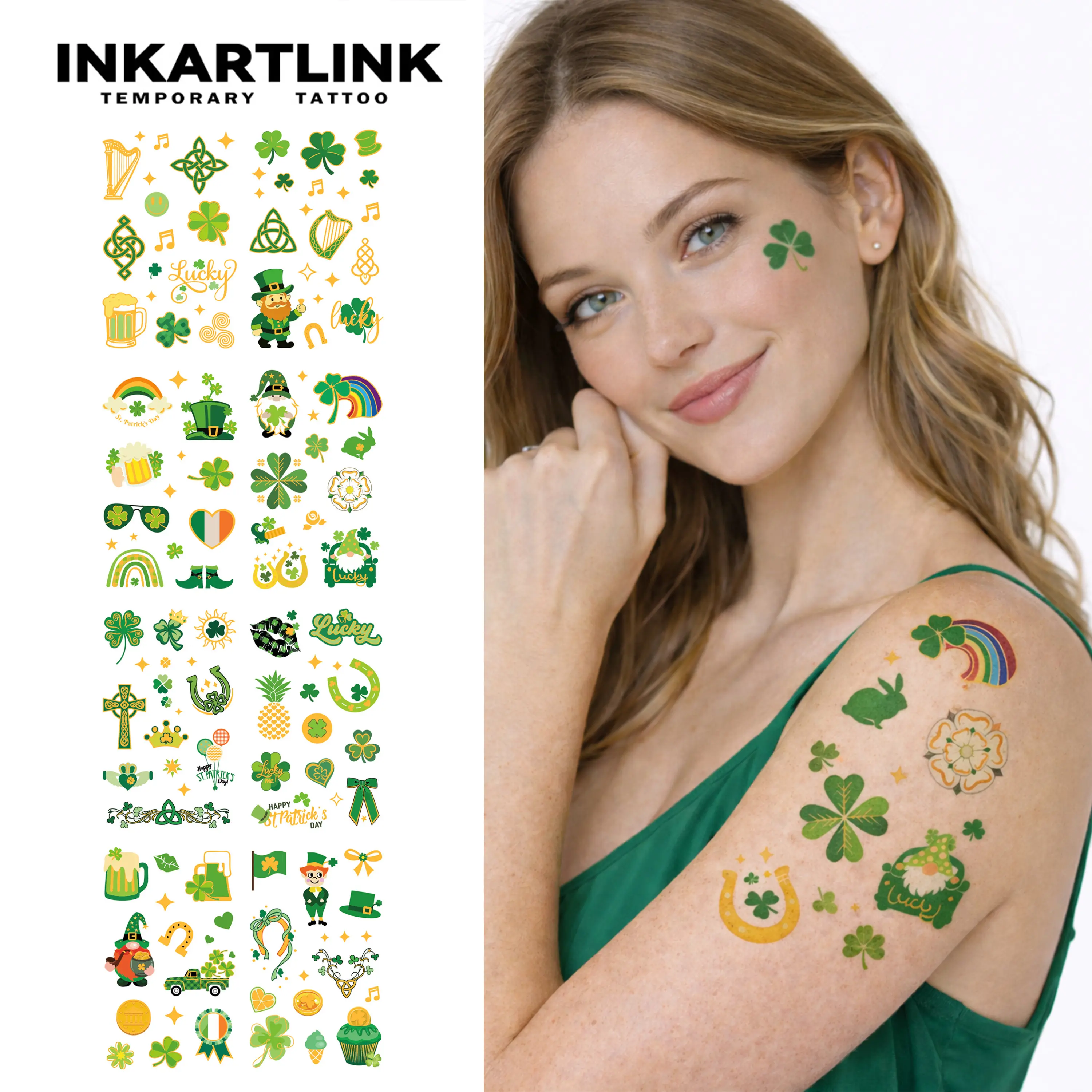 INKARTLINK 8-Sheet St. Patrick's Day Temporary Tattoos - Green Shamrock Lucky Clover Face Stickers, All Skin Types, for Adults' Irish Party Decorations, Single Item