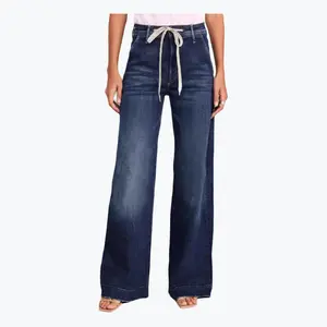 Women's Fall 2025 New Tie-Waist Stretch Denim Pants Straight-Leg Wide-Calf Casual Trousers