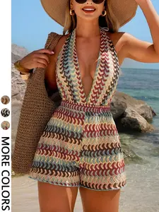 1 Piece Halter Neck Deep V-Neck Geometric Print Romper, Multicolor Boho Bohemian Beach Vacation Wear
