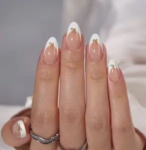 Star White French Golden Bow Press On Nails
