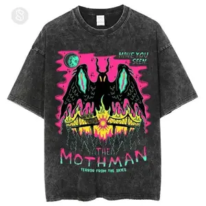 Have you seen the < Mothman > ? Unisex printed vintage washed short-sleeve T-shirt, Halloween shirt, patterned T-shirt, fashionable for both men and women, available in all colors and sizes, suitable for men and women