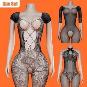 3-Piece Women's Floral Lace Bodystocking: Crotchless Fishnet Bodysuit with Tight Pants & FREE Lace Gloves | Sheer Breathable Lingerie for Parties & All Seasons | Novelty Item, Back Comfort Bra with Shapewear Shorty Cut Minimizer Halter Neck Tummy Control