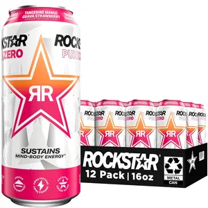 Beverage Rockstar Pure Zero Energy Drink, Tangerine Mango Guava, 16 Fl Oz, 0 Sugar, Caffeine & Taurine, Pack of 12 Sport Strawberry