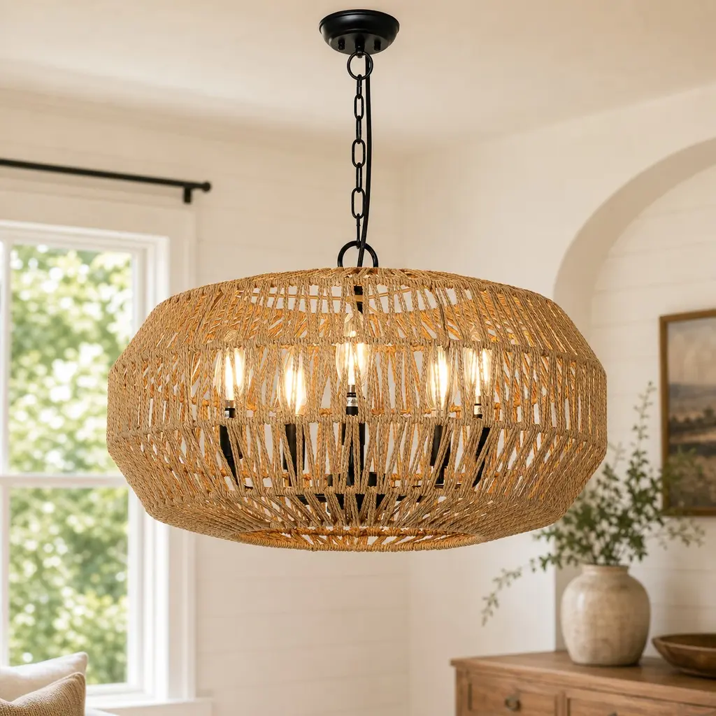 Farmhouse Rattan Pendant Light Fixture, 5-Light Hand-Woven Natural Rattan and Metal Chandelier, Adjustable Height, Boho Rustic Vintage Dining Room Living Room Kitchen Bedroom Hallway Foyer Porch Lighting, Brown, Brown Color Options