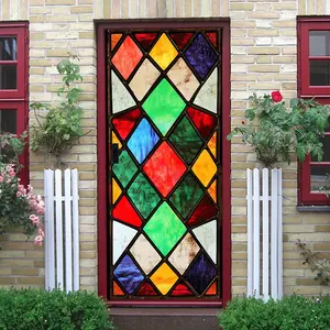 2pcs Colorful Diamond Stained Glass Wall Stickers Retro Church Art Decals Self Adhesive Removable Window Decor Stickers Home Door Window Decoration Living Room Bedroom Glass Door Stickers Holiday Decora