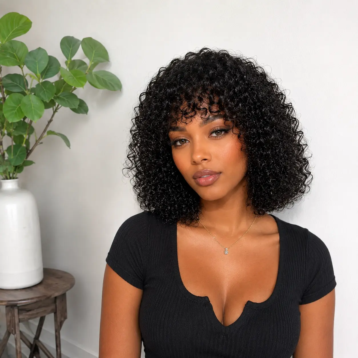 Black Glueless Wear and Go Short Curly Human Hair Wig with Bangs | Brazilian Virgin Human Hair | Soft Fluffy | Ready to Wear for Black Women mullet burmese upgrade part wig brown color pixie