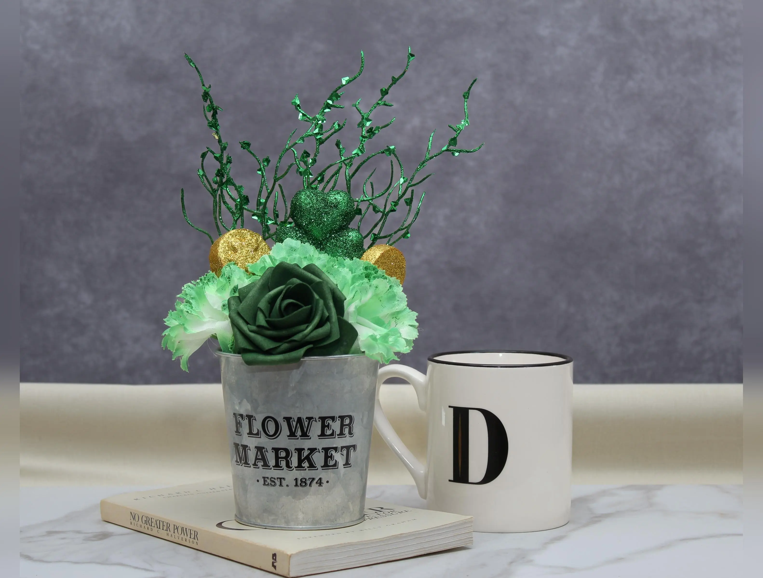 St. Patrick’s Day Artificial Floral Arrangement – Green Rose & Carnation Centerpiece – Lucky Shamrock Decor